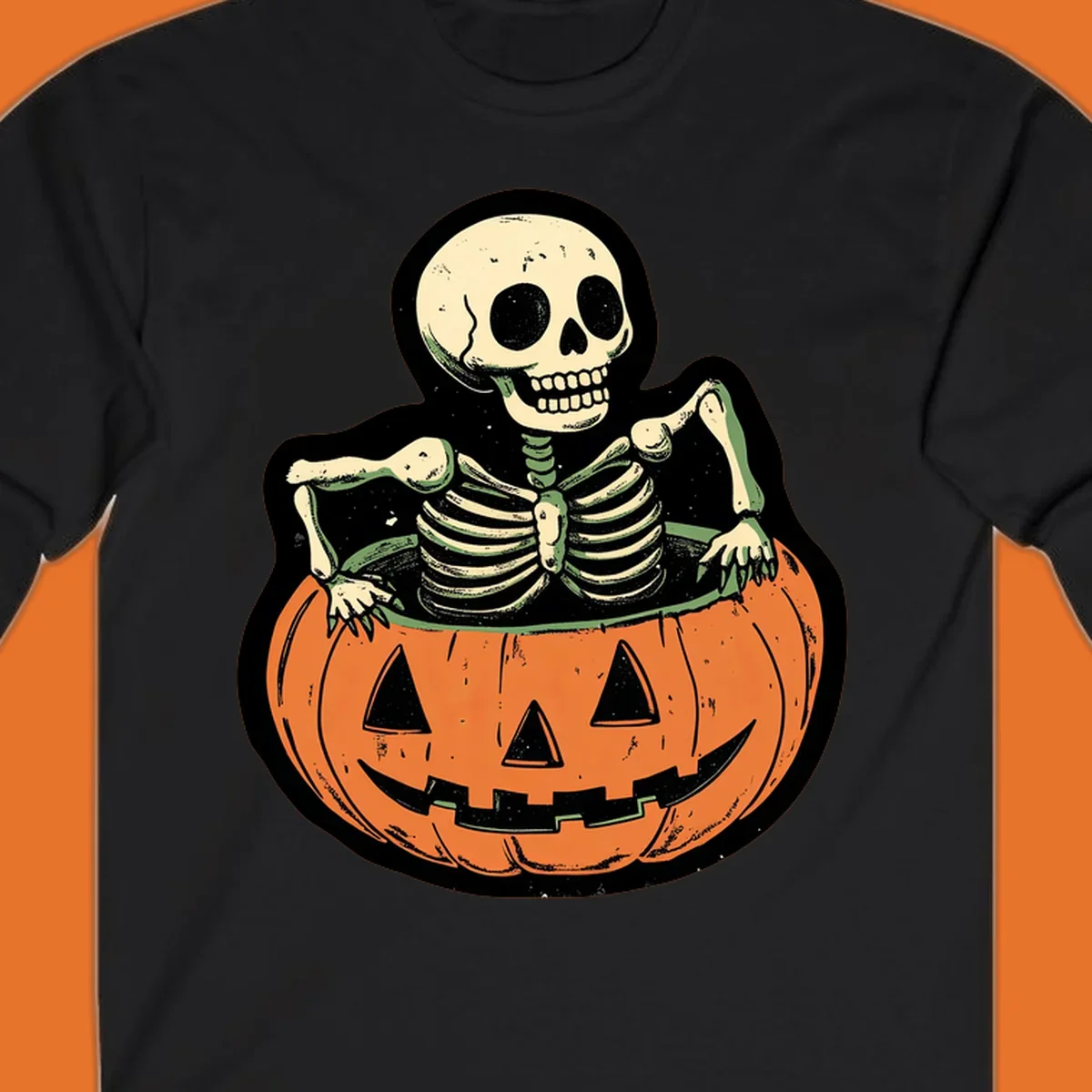 Skeleton emerging from a carved jack-o-lantern, vintage halloween design.