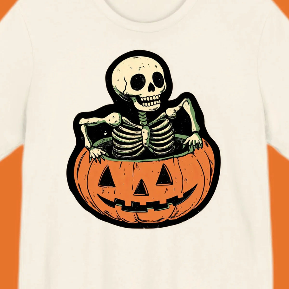 Skeleton emerging from a carved jack-o-lantern, vintage halloween design.