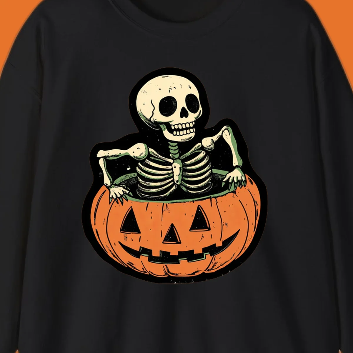 Skeleton emerging from a carved jack-o-lantern, vintage halloween design.