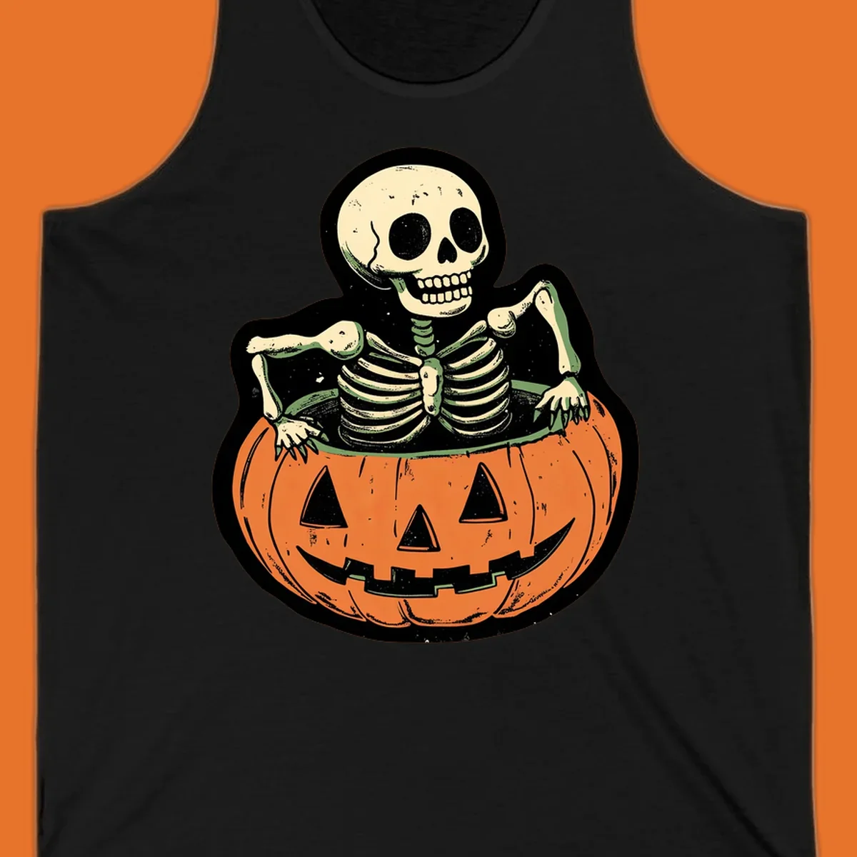 Skeleton emerging from a carved jack-o-lantern, vintage halloween design.