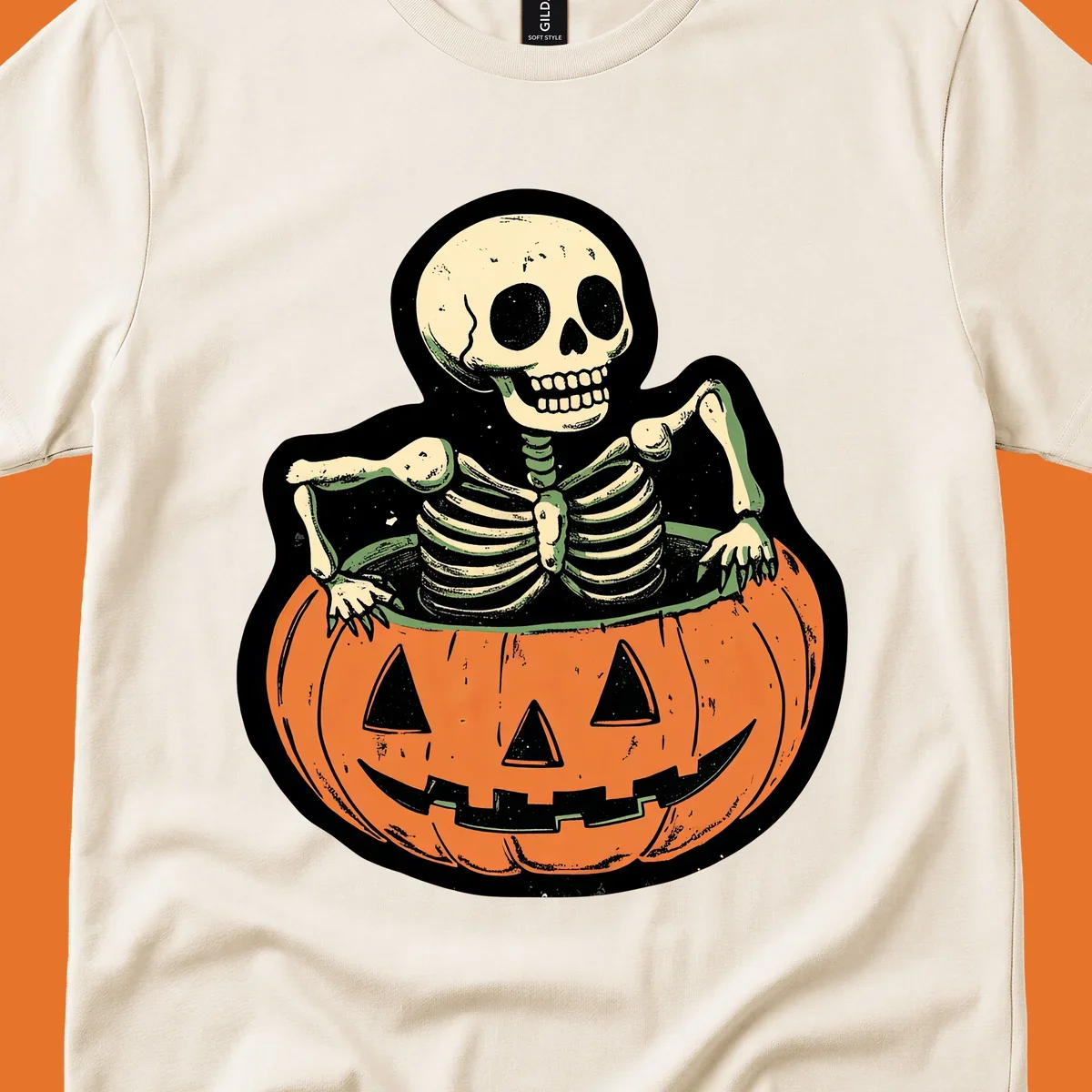 Skeleton emerging from a carved jack-o-lantern, vintage halloween design.