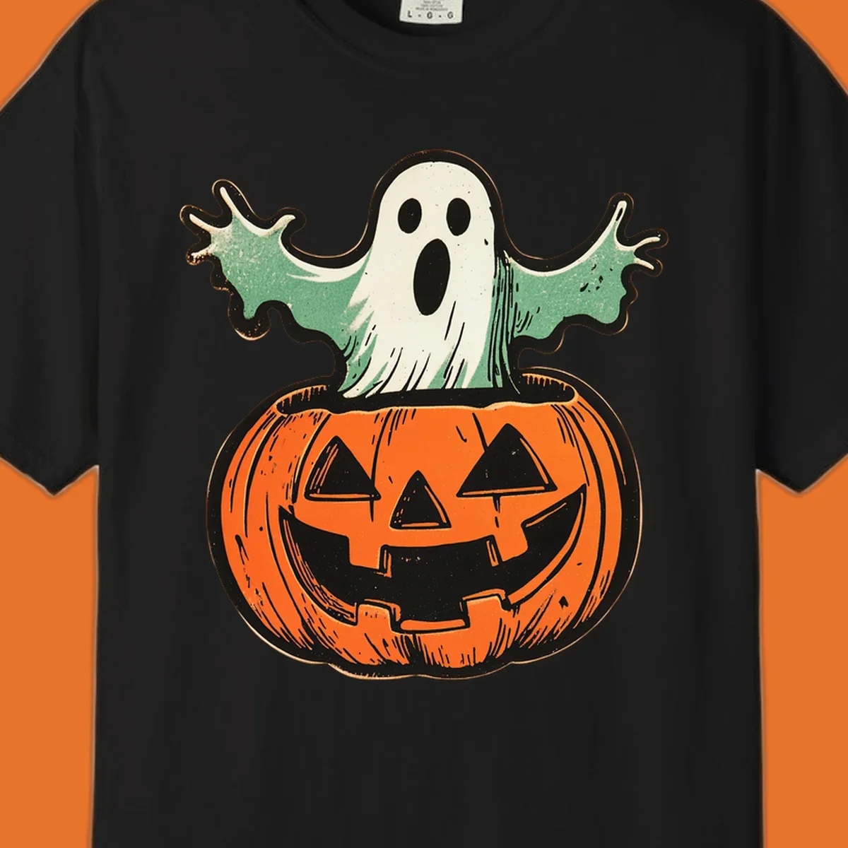 Vintage ghost emerging from a jack-o-lantern, perfect for Halloween.