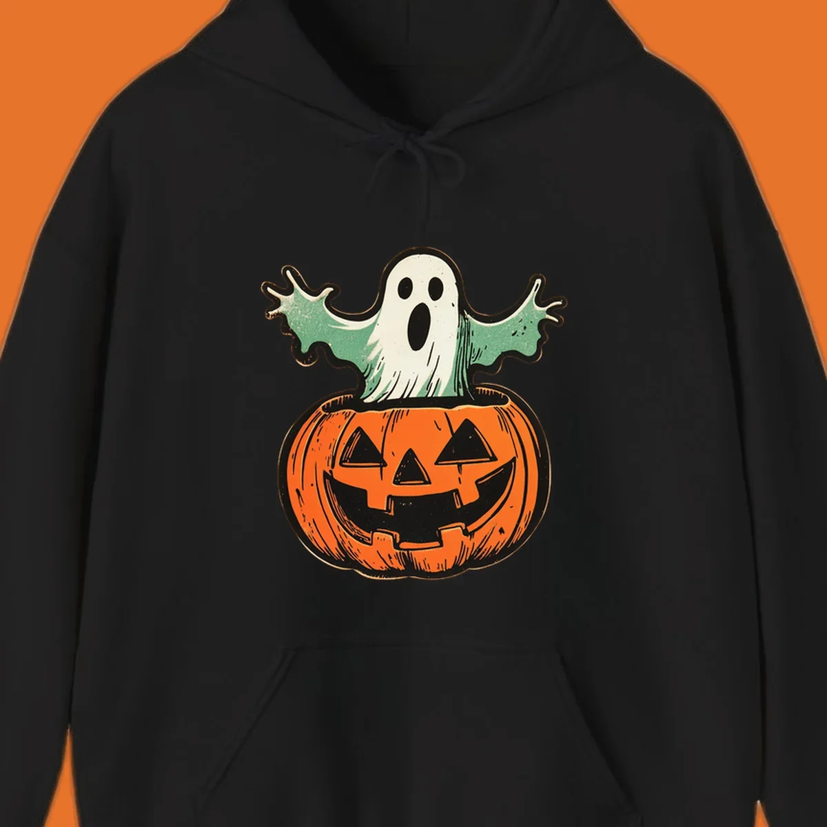 Vintage ghost emerging from a jack-o-lantern, perfect for Halloween.