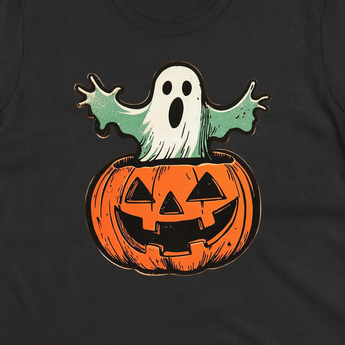 Vintage ghost emerging from a jack-o-lantern, perfect for Halloween.