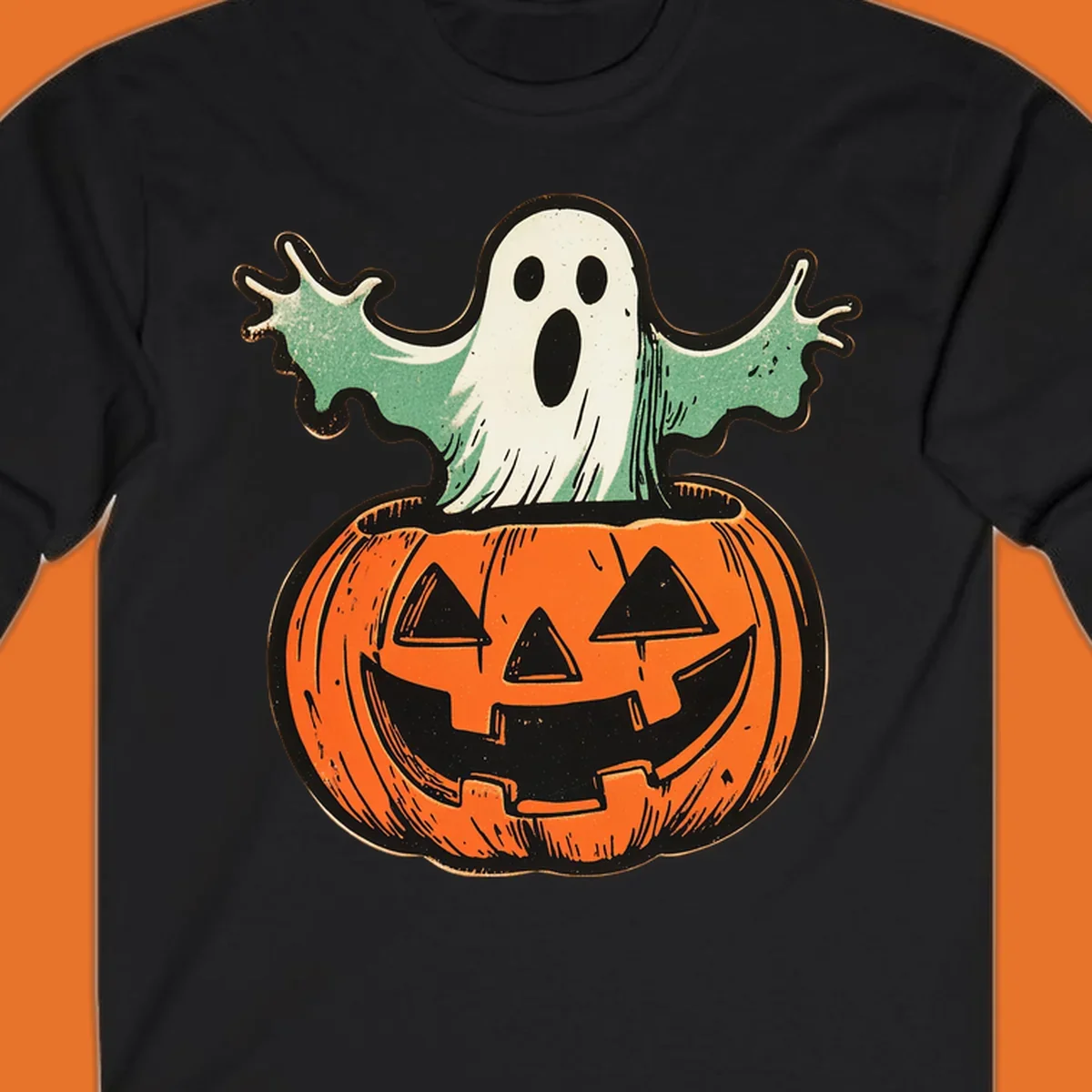 Vintage ghost emerging from a jack-o-lantern, perfect for Halloween.