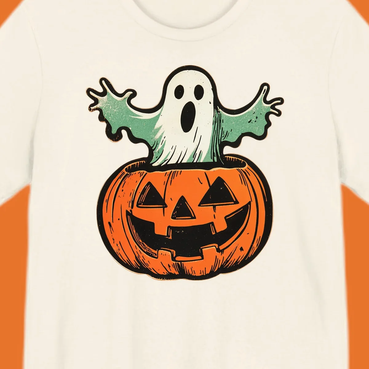 Vintage ghost emerging from a jack-o-lantern, perfect for Halloween.