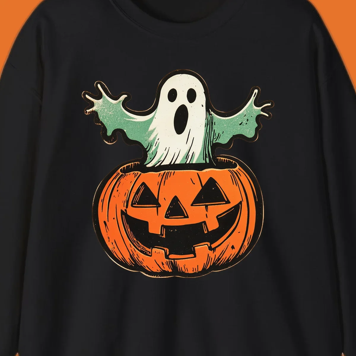 Vintage ghost emerging from a jack-o-lantern, perfect for Halloween.