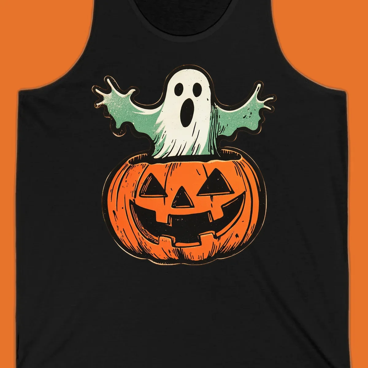 Vintage ghost emerging from a jack-o-lantern, perfect for Halloween.
