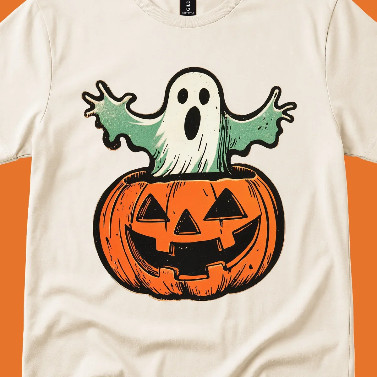 Vintage ghost emerging from a jack-o-lantern, perfect for Halloween.
