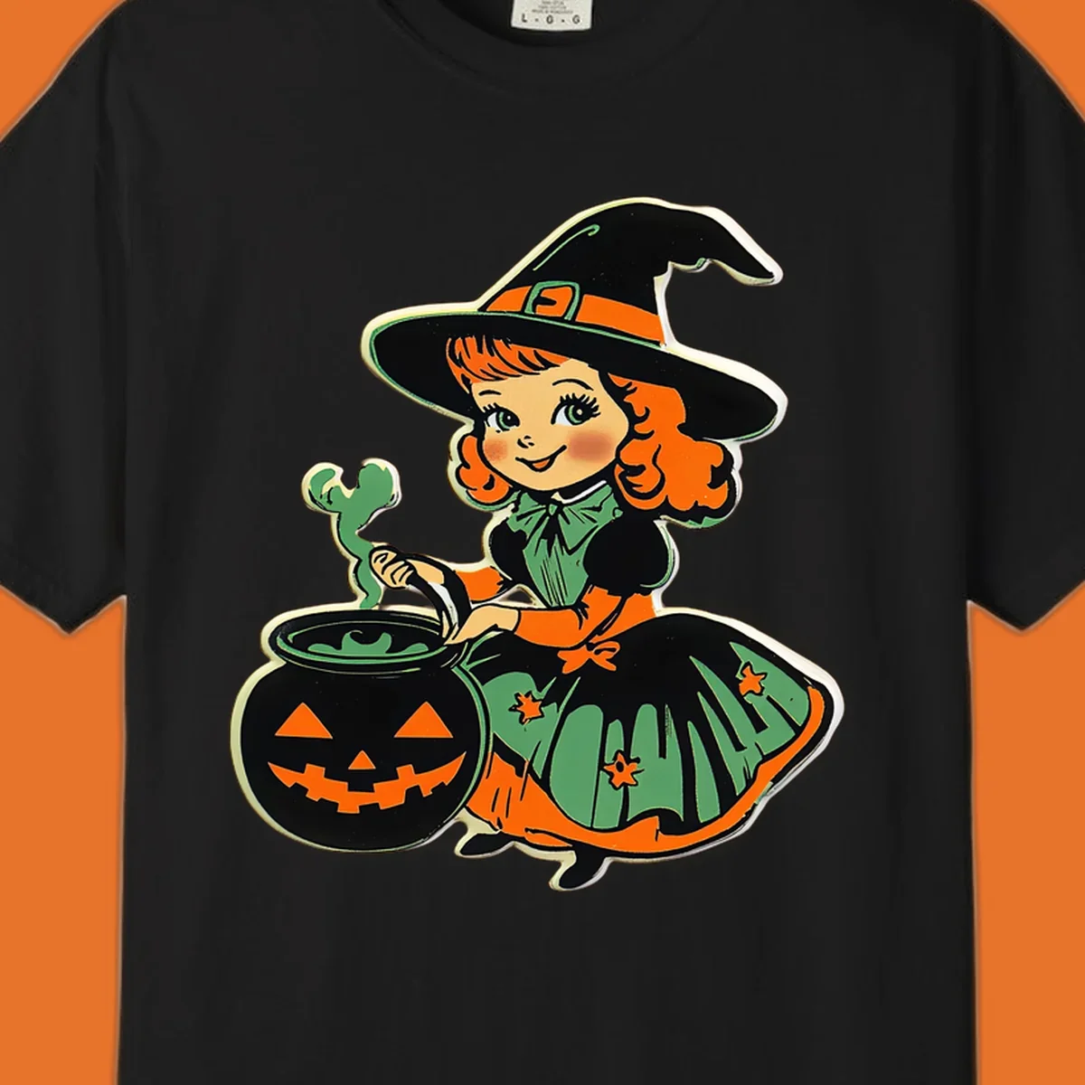 Cute vintage halloween witch brewing a potion in a jack-o-lantern cauldron.