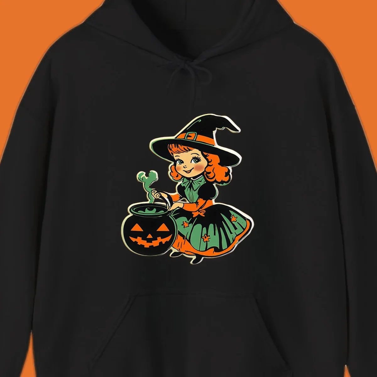 Cute vintage halloween witch brewing a potion in a jack-o-lantern cauldron.