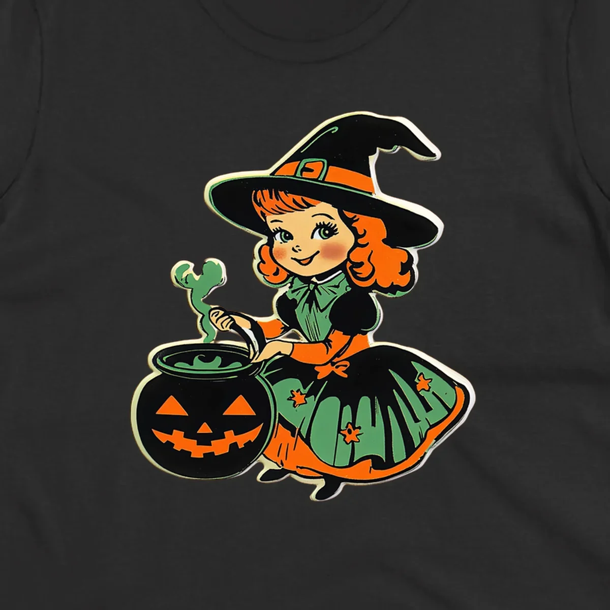 Cute vintage halloween witch brewing a potion in a jack-o-lantern cauldron.