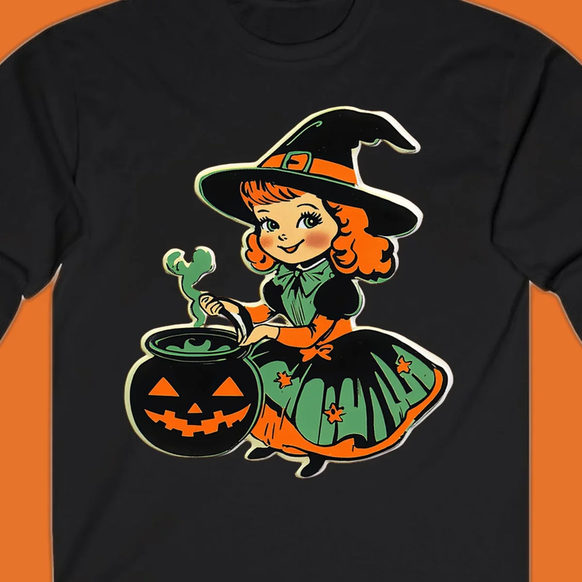 Cute vintage halloween witch brewing a potion in a jack-o-lantern cauldron.