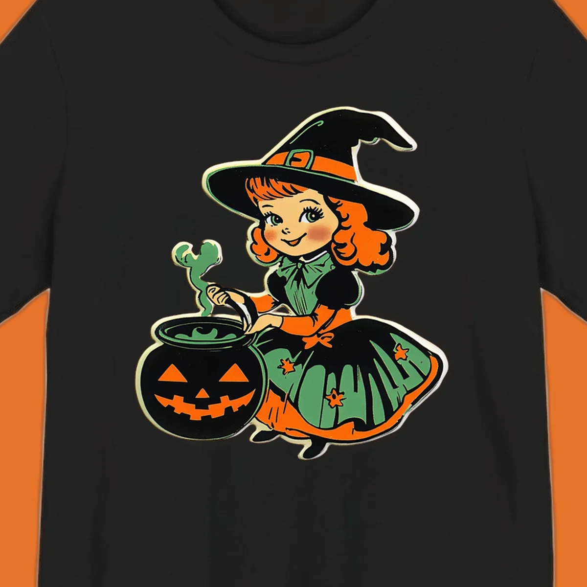 Cute vintage halloween witch brewing a potion in a jack-o-lantern cauldron.