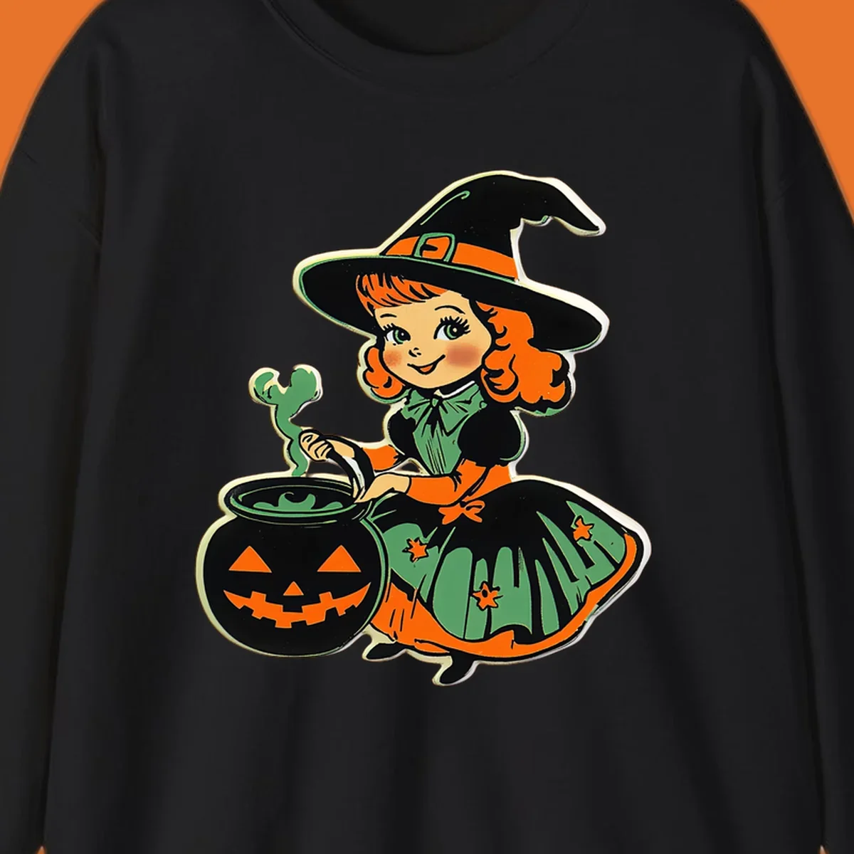 Cute vintage halloween witch brewing a potion in a jack-o-lantern cauldron.
