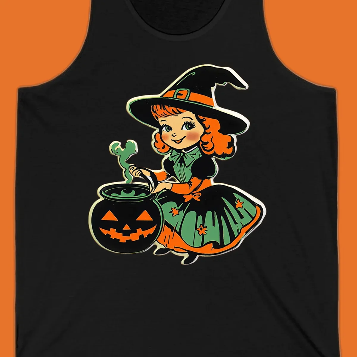 Cute vintage halloween witch brewing a potion in a jack-o-lantern cauldron.