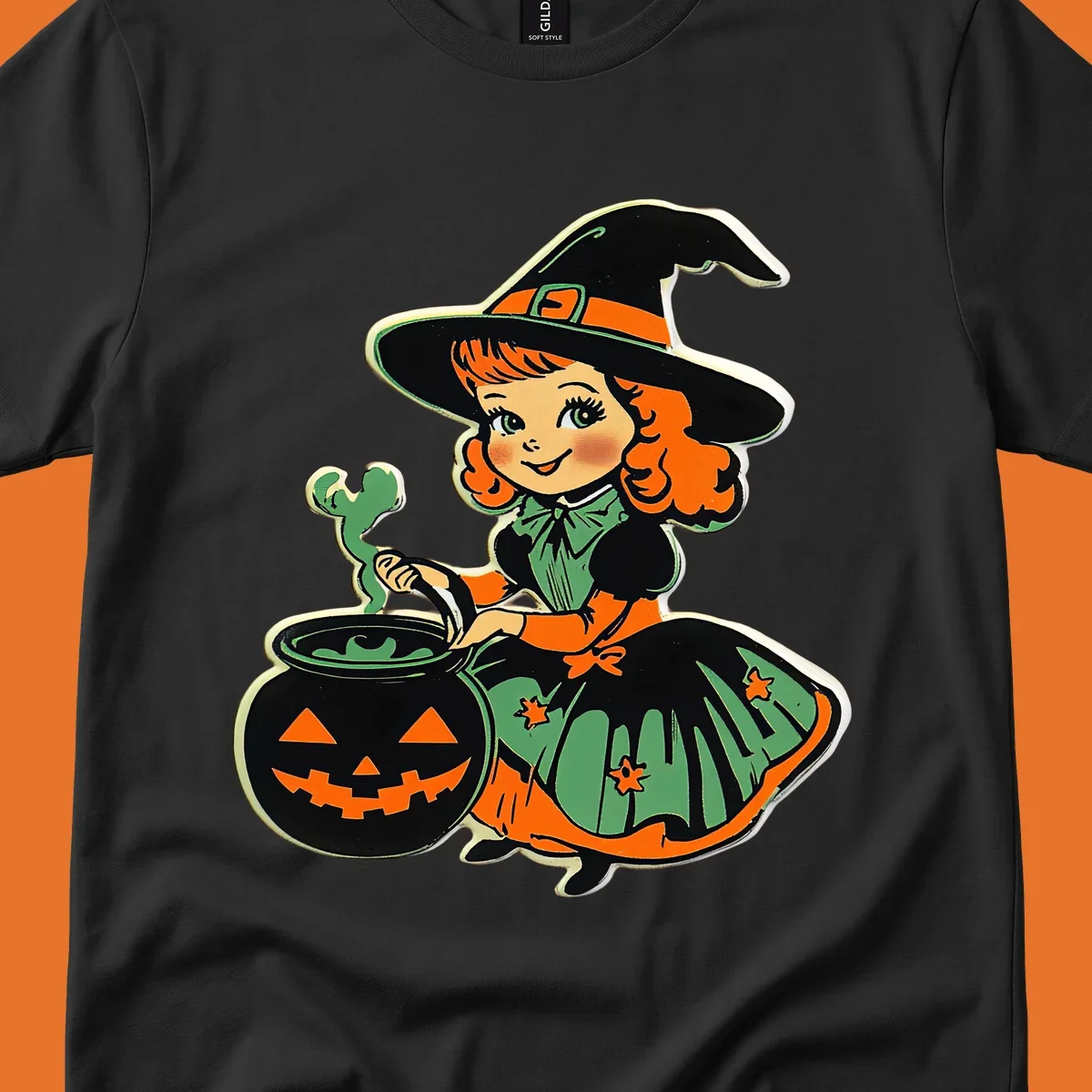 Cute vintage halloween witch brewing a potion in a jack-o-lantern cauldron.