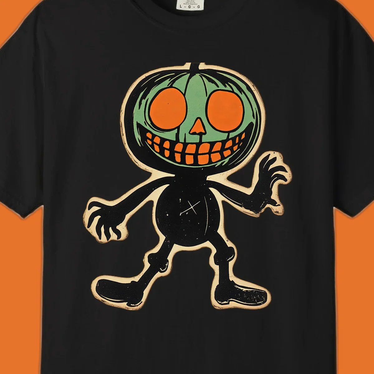 Vintage spooky pumpkin pal illustration with green head and wide grin.