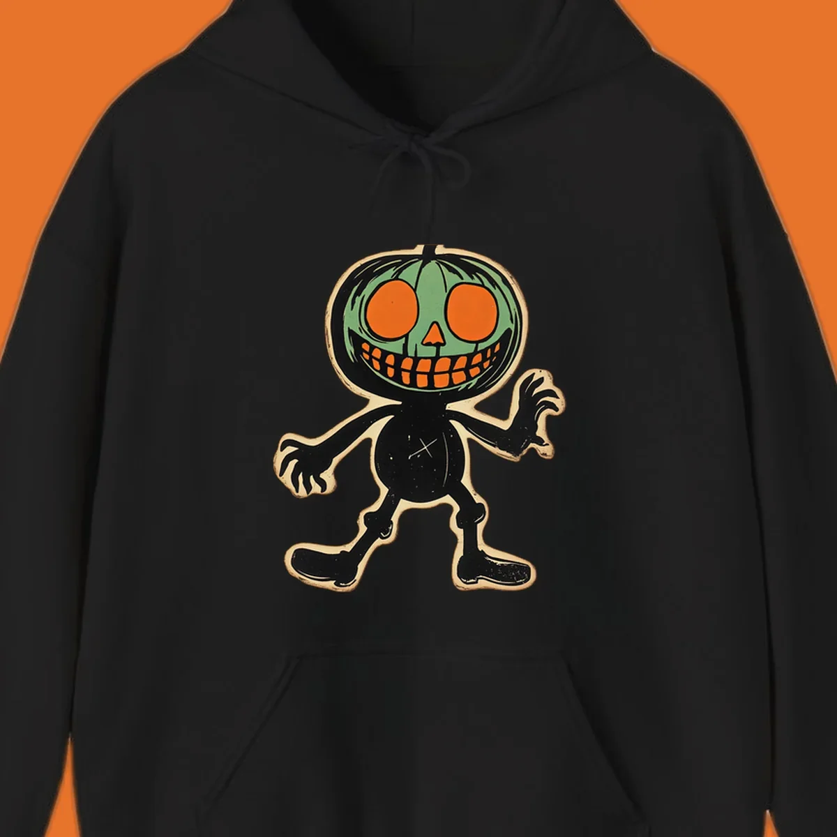 Vintage spooky pumpkin pal illustration with green head and wide grin.
