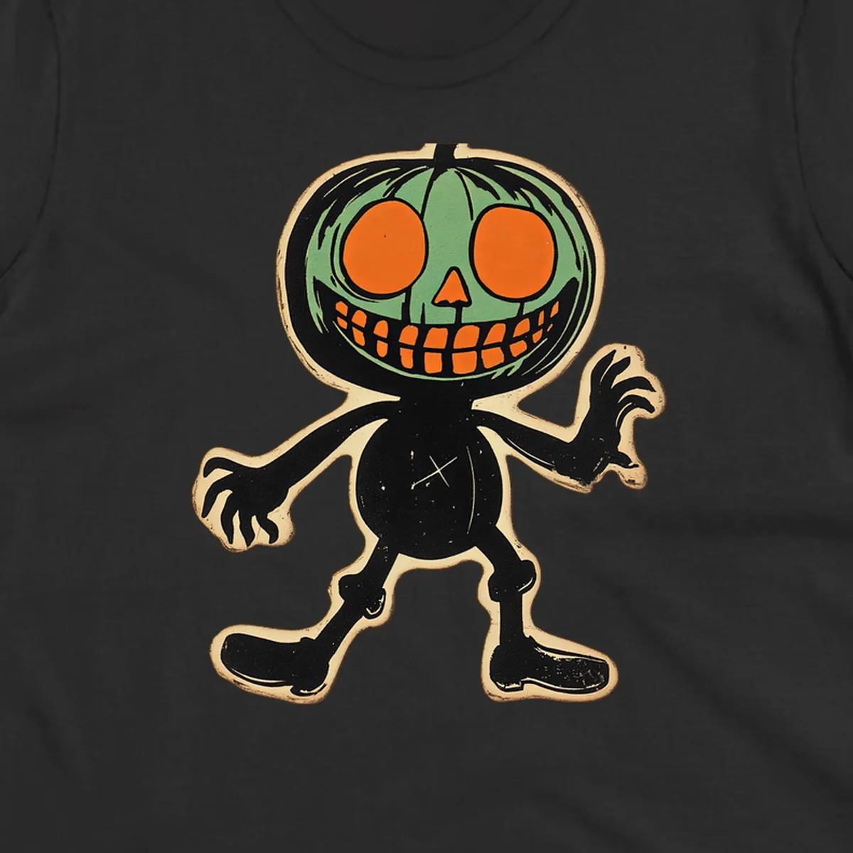 Vintage spooky pumpkin pal illustration with green head and wide grin.
