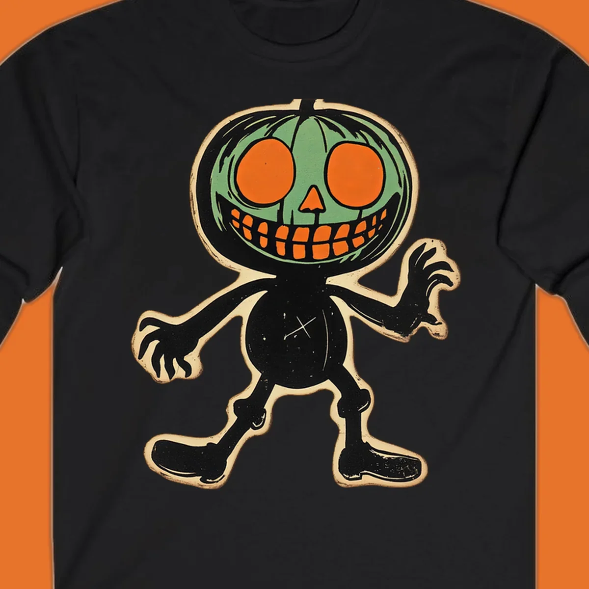 Vintage spooky pumpkin pal illustration with green head and wide grin.