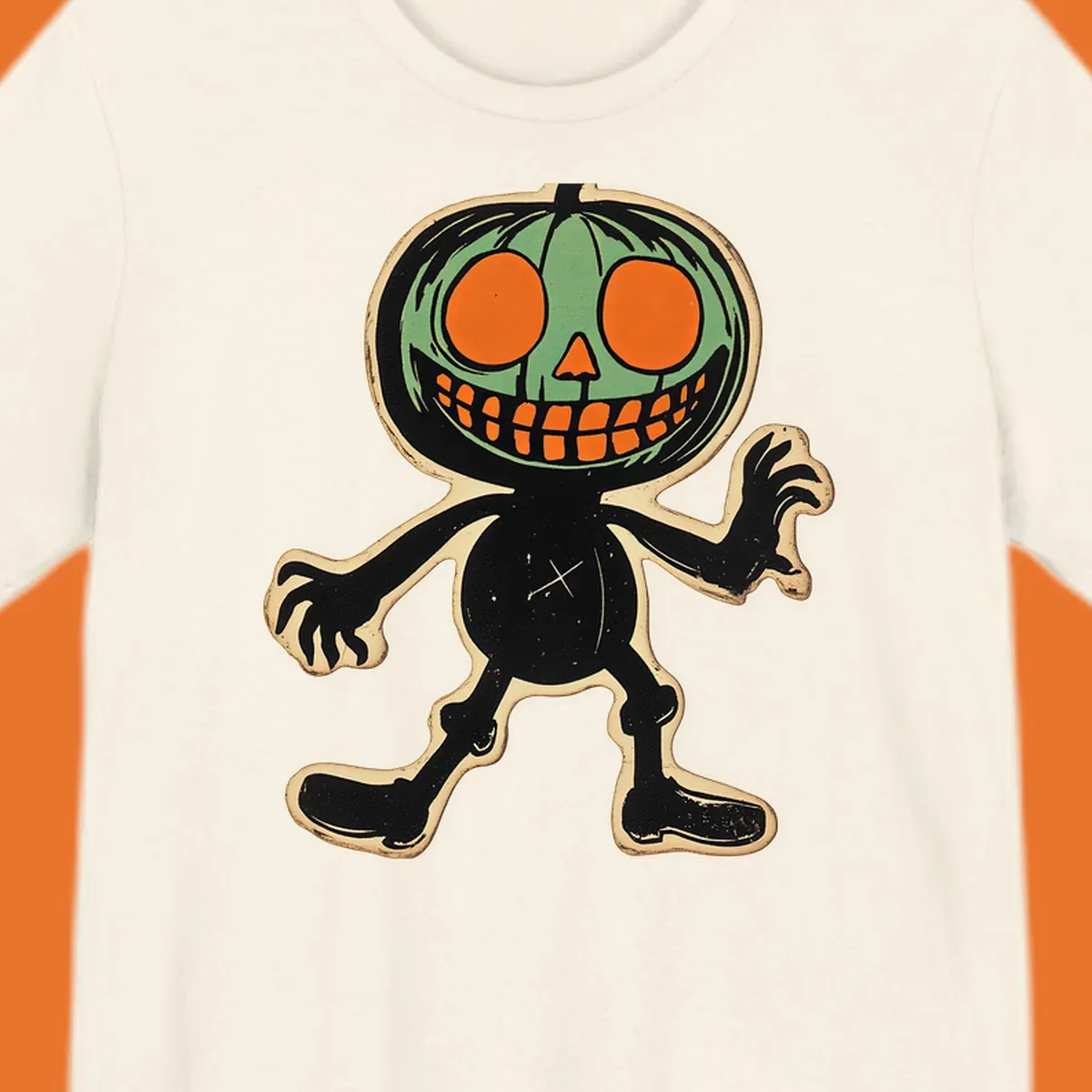 Vintage spooky pumpkin pal illustration with green head and wide grin.
