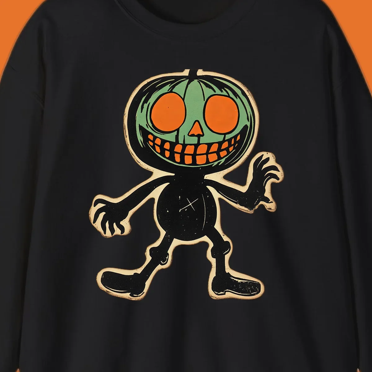 Vintage spooky pumpkin pal illustration with green head and wide grin.