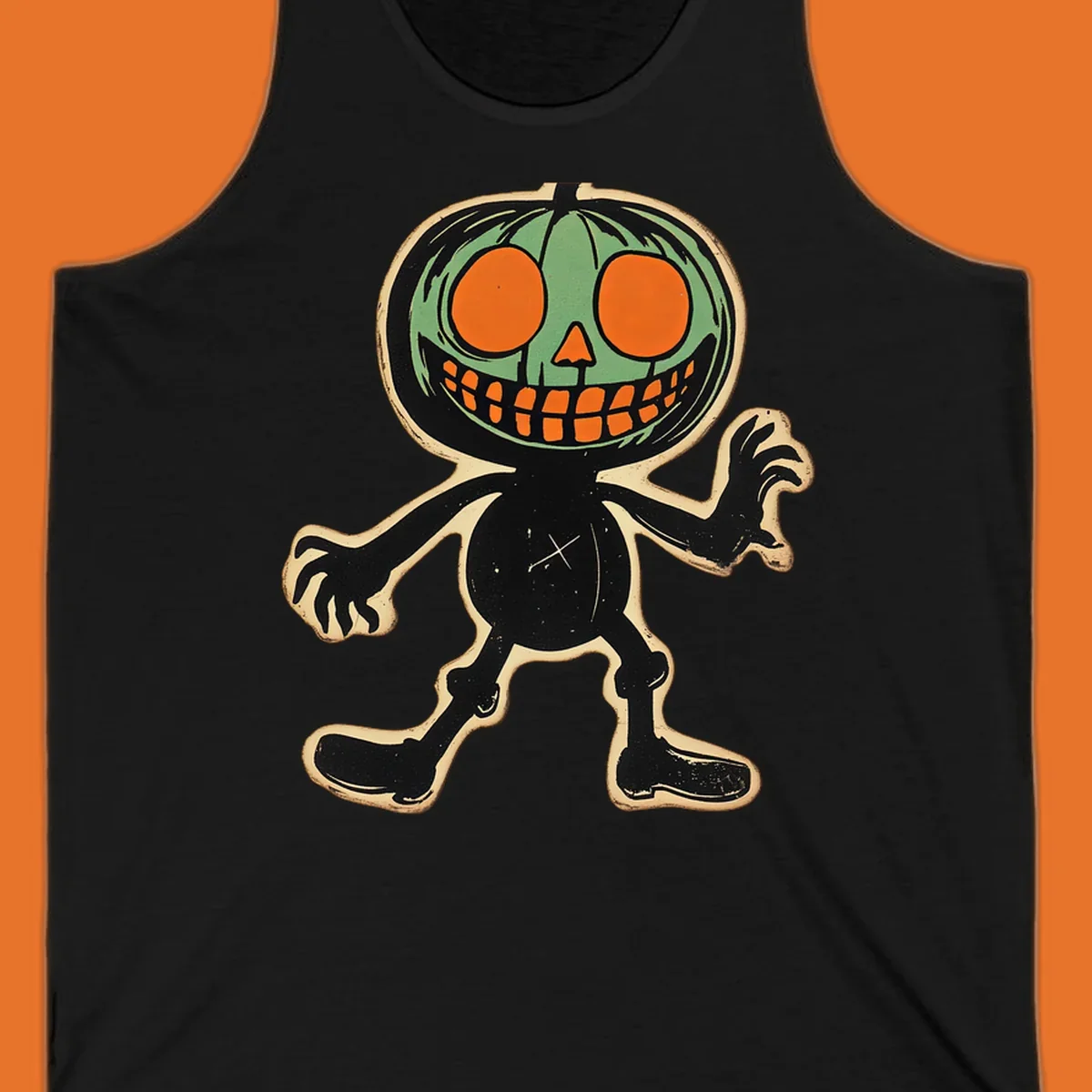 Vintage spooky pumpkin pal illustration with green head and wide grin.