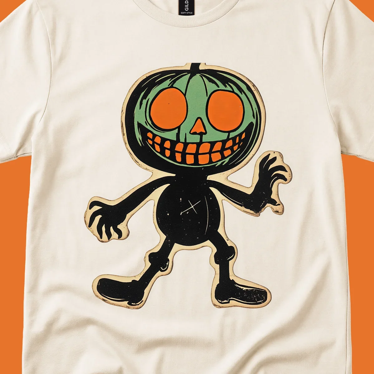Vintage spooky pumpkin pal illustration with green head and wide grin.