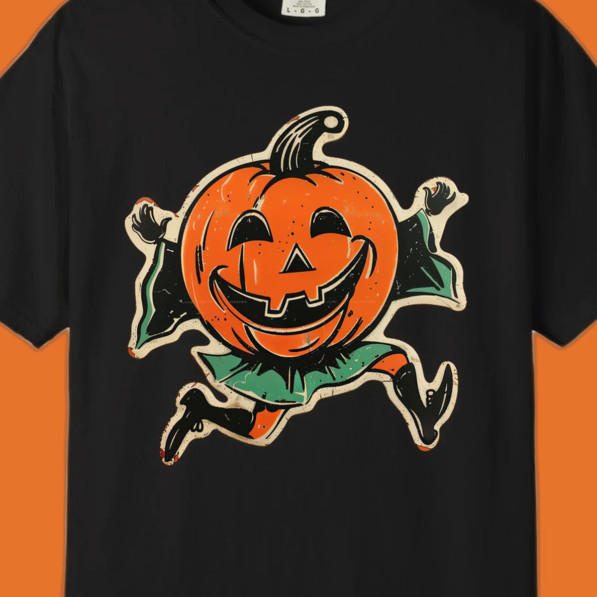 Vintage running jack-o'-lantern graphic with a big smile, black boots, and green leaves.