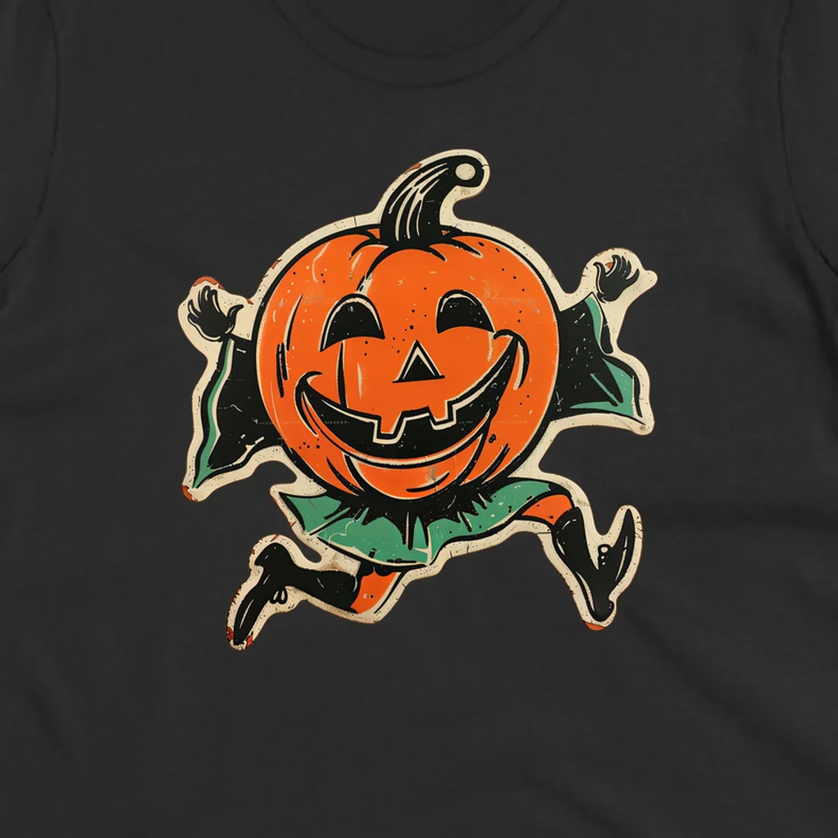 Vintage running jack-o'-lantern graphic with a big smile, black boots, and green leaves.
