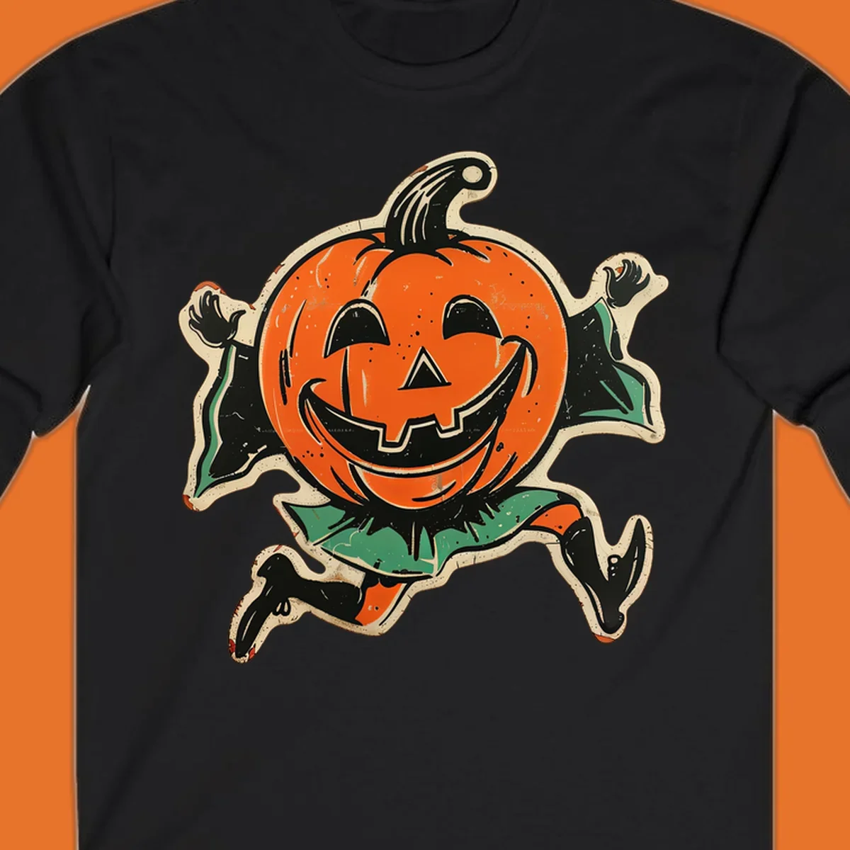 Vintage running jack-o'-lantern graphic with a big smile, black boots, and green leaves.