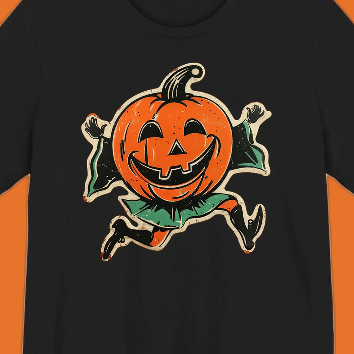 Vintage running jack-o'-lantern graphic with a big smile, black boots, and green leaves.