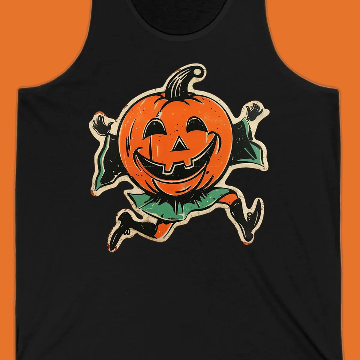 Vintage running jack-o'-lantern graphic with a big smile, black boots, and green leaves.