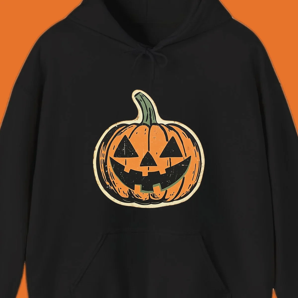 Vintage jack-o'-lantern graphic with a distressed, carved face. Fall holiday illustration.