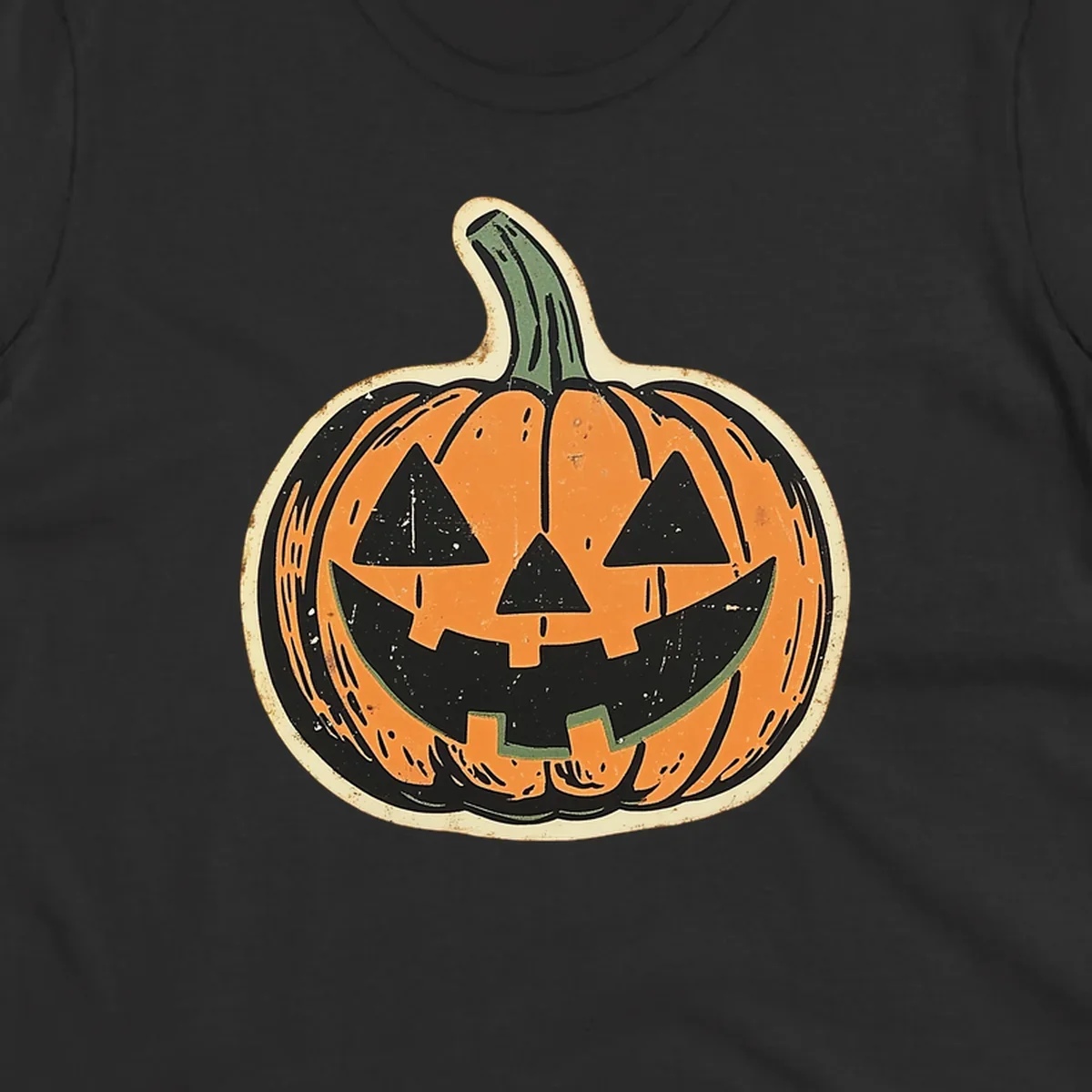 Vintage jack-o'-lantern graphic with a distressed, carved face. Fall holiday illustration.