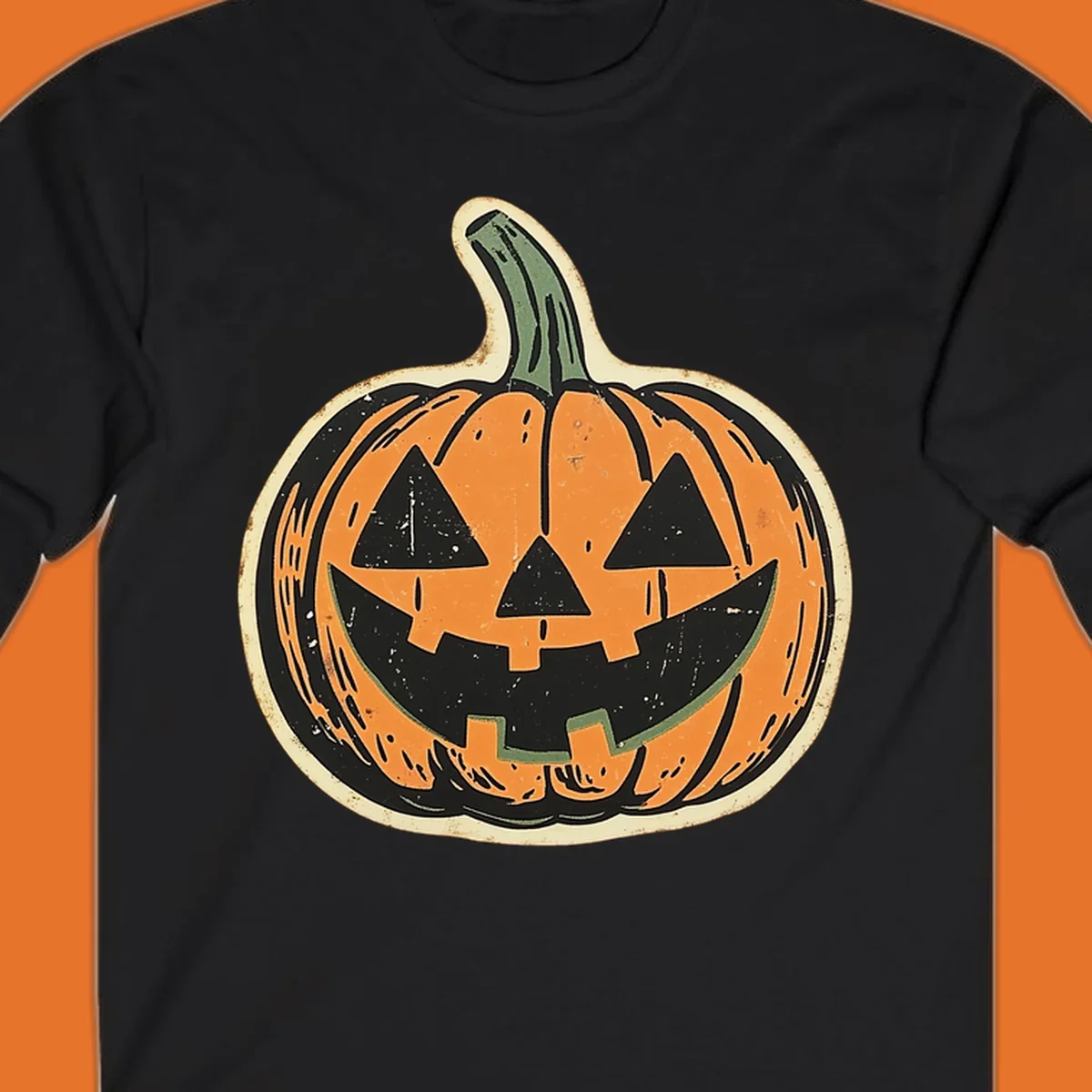 Vintage jack-o'-lantern graphic with a distressed, carved face. Fall holiday illustration.