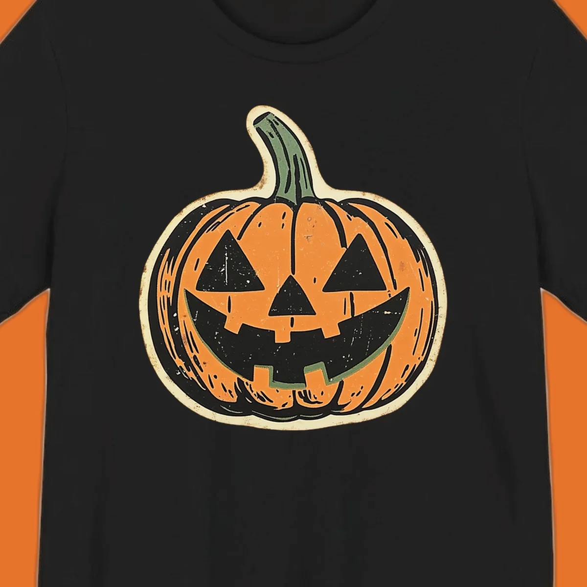 Vintage jack-o'-lantern graphic with a distressed, carved face. Fall holiday illustration.