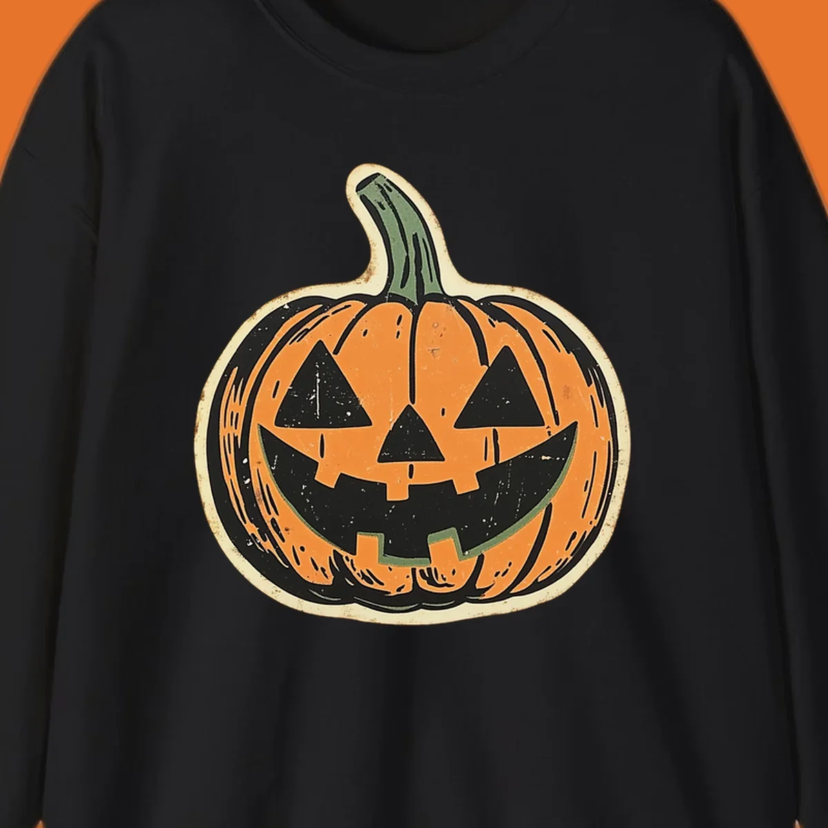 Vintage jack-o'-lantern graphic with a distressed, carved face. Fall holiday illustration.