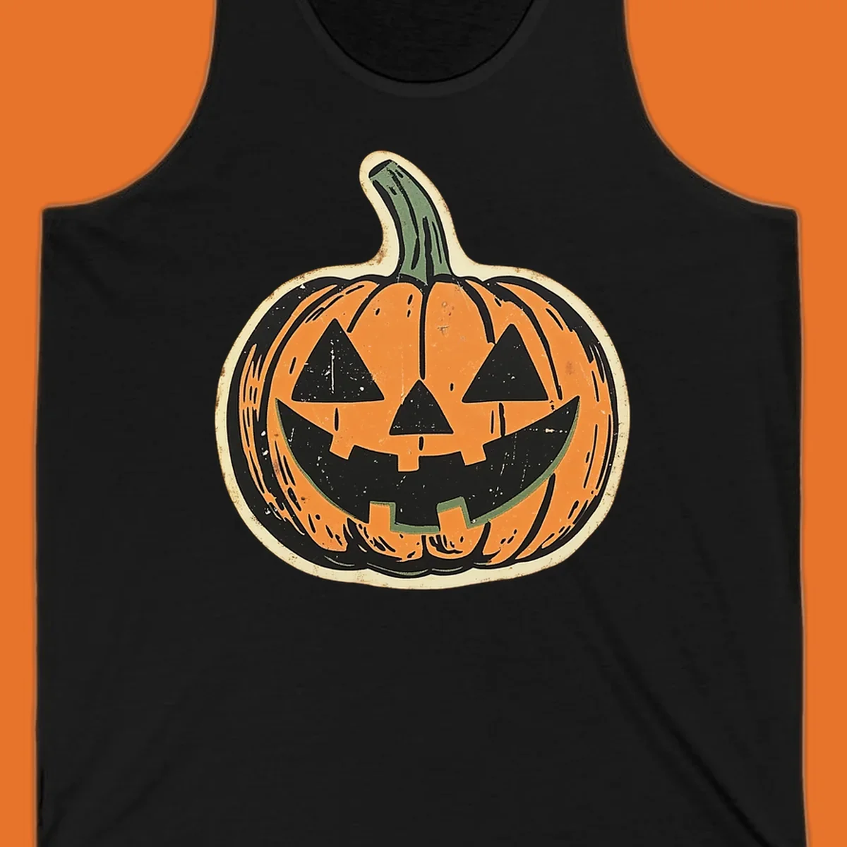 Vintage jack-o'-lantern graphic with a distressed, carved face. Fall holiday illustration.