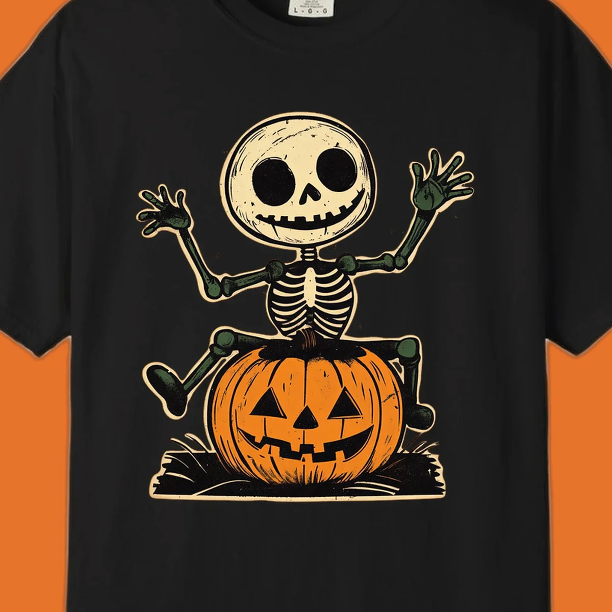 Vintage skeleton riding a jack-o-lantern, Halloween graphic