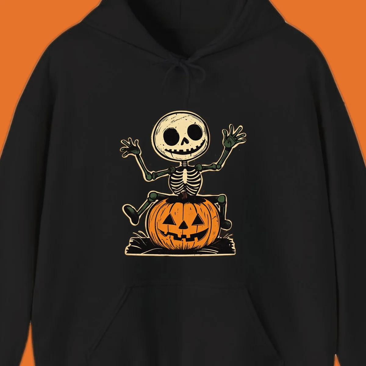 Vintage skeleton riding a jack-o-lantern, Halloween graphic