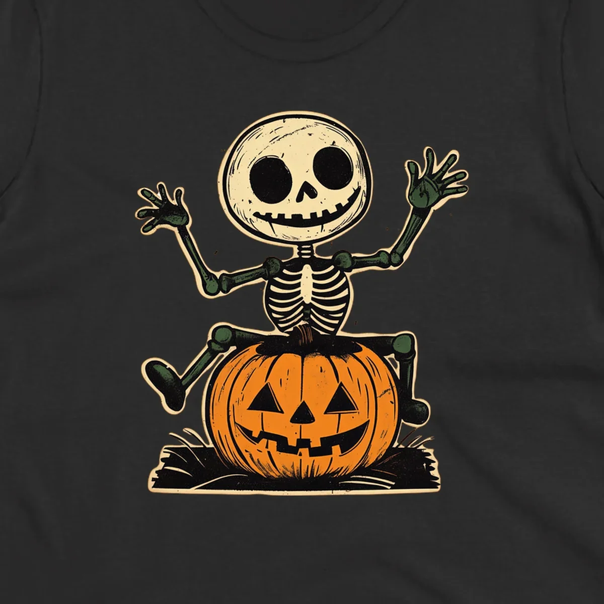 Vintage skeleton riding a jack-o-lantern, Halloween graphic