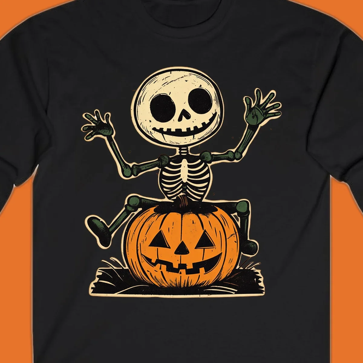 Vintage skeleton riding a jack-o-lantern, Halloween graphic