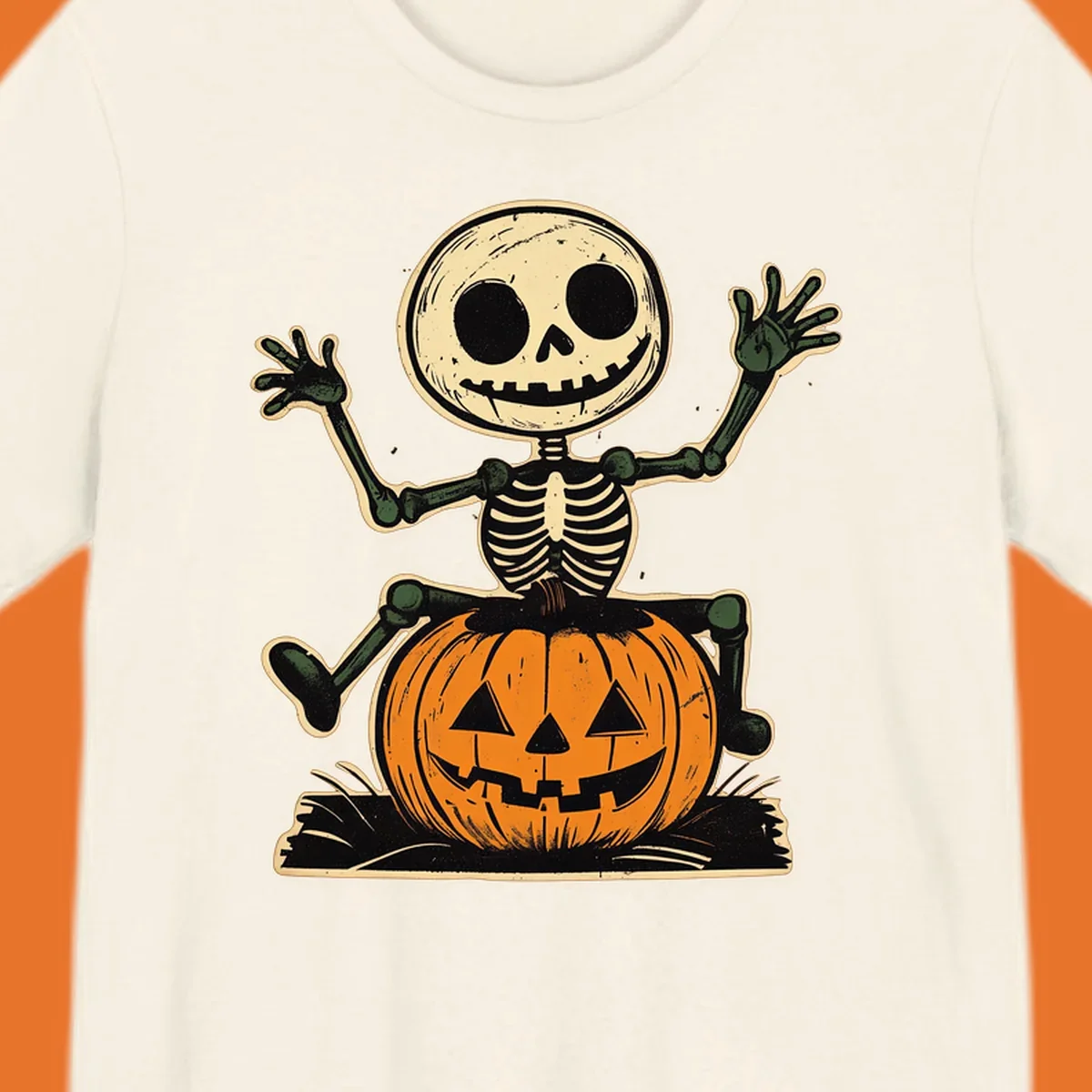 Vintage skeleton riding a jack-o-lantern, Halloween graphic