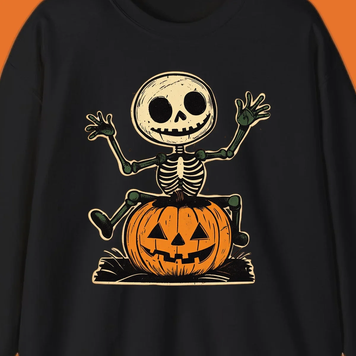 Vintage skeleton riding a jack-o-lantern, Halloween graphic