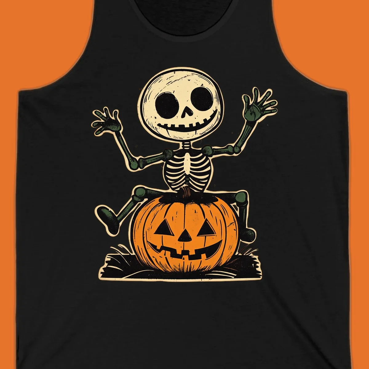 Vintage skeleton riding a jack-o-lantern, Halloween graphic