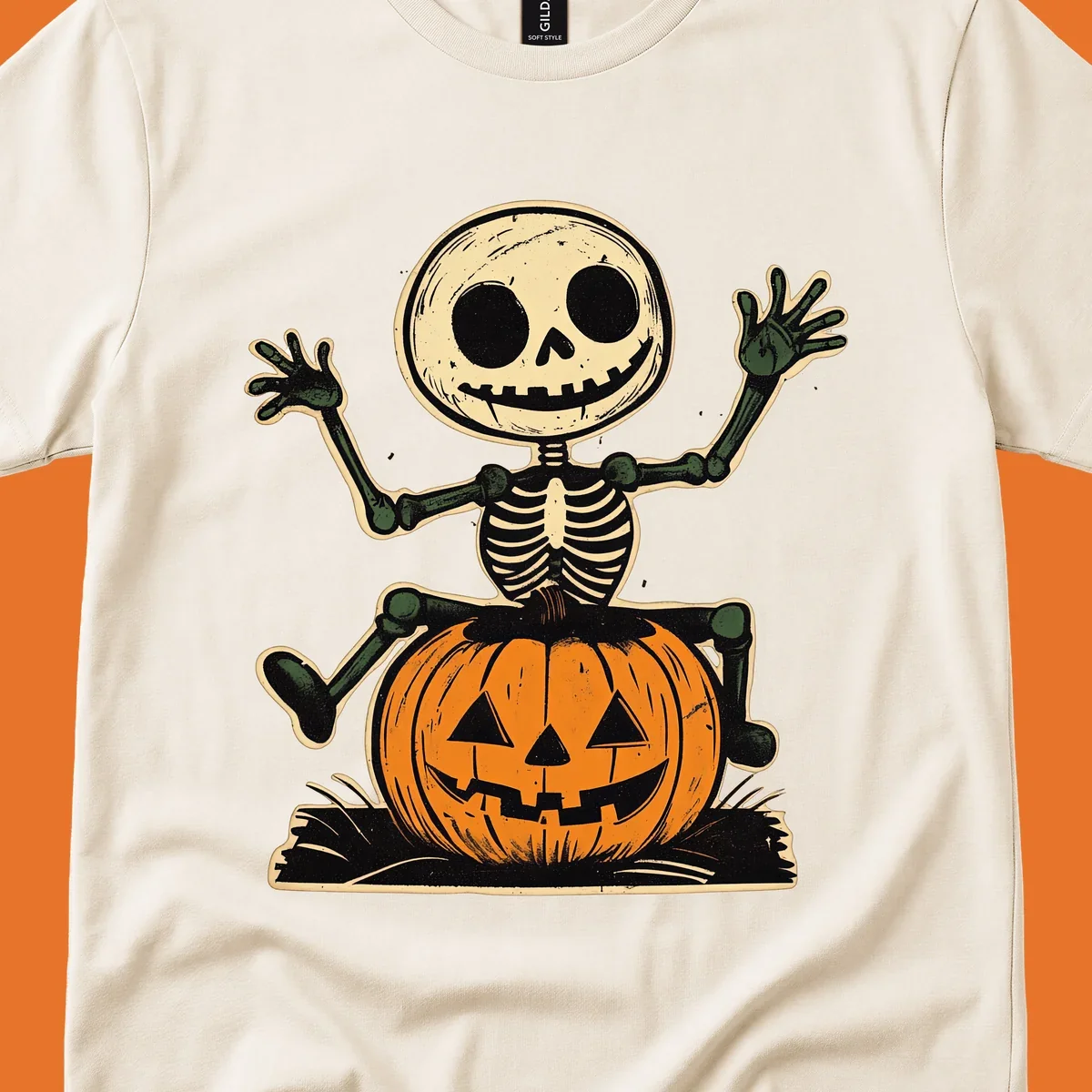 Vintage skeleton riding a jack-o-lantern, Halloween graphic