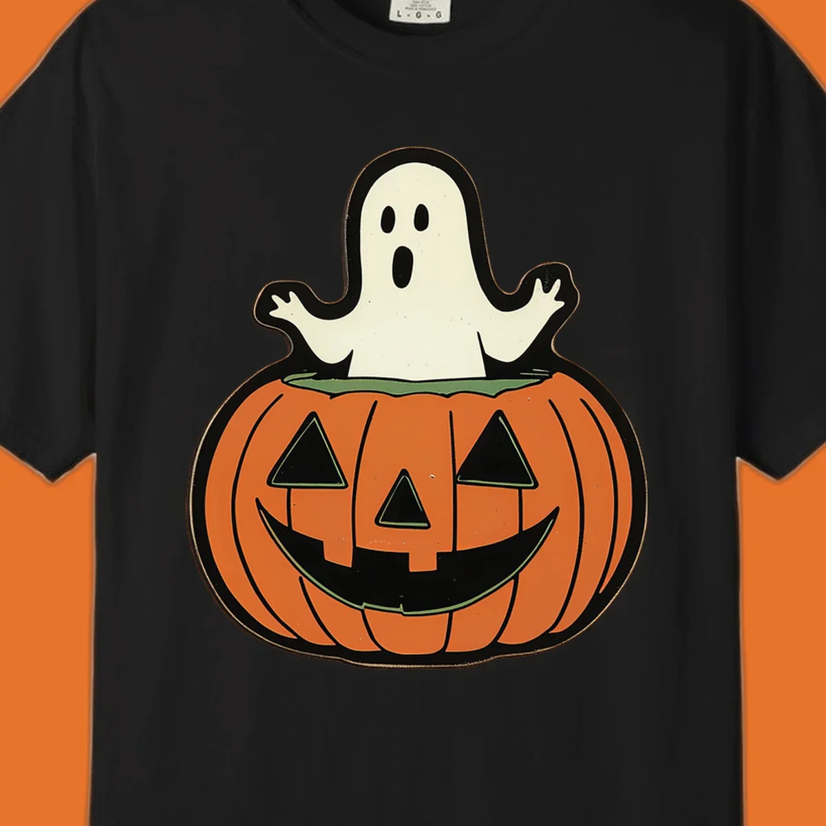 Halloween pumpkin with a ghost popping out, holiday graphic