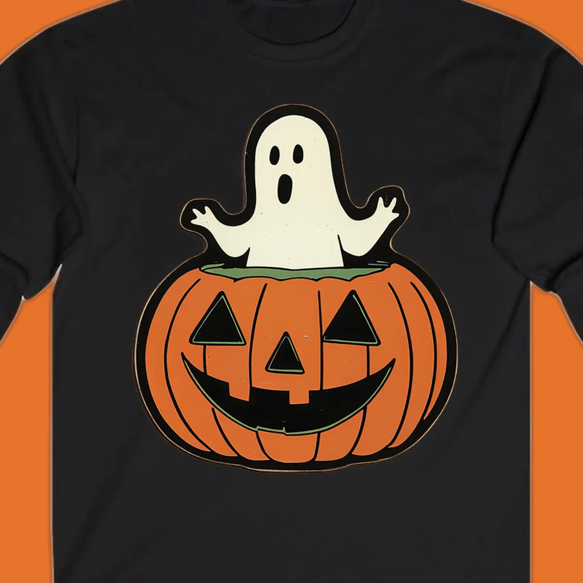 Halloween pumpkin with a ghost popping out, holiday graphic